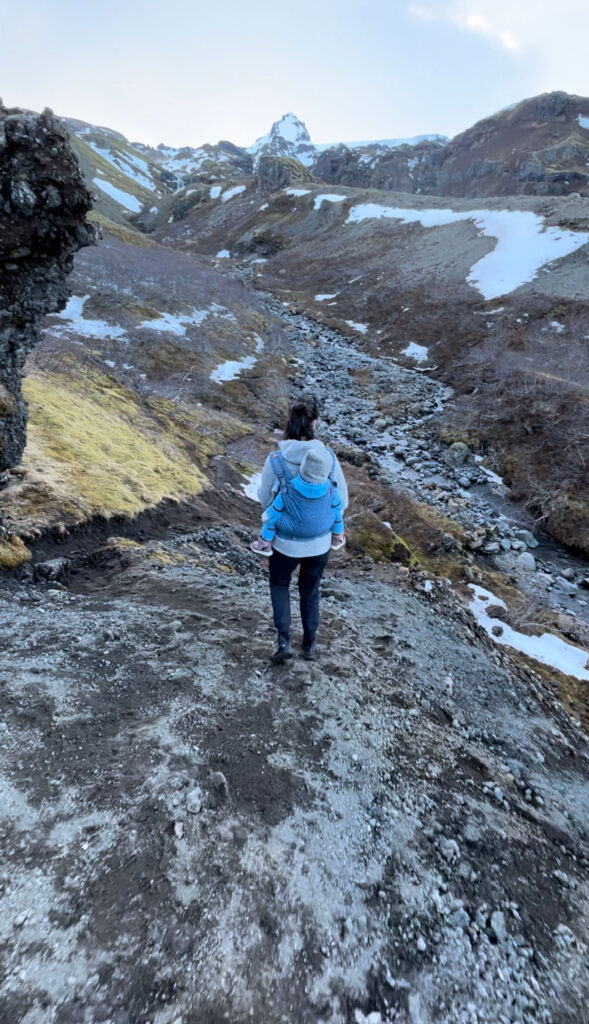 Iceland Wedding Photographer carries her daughter in backpack carrier, mountains in the background, during a hike in Iceland with her family. 