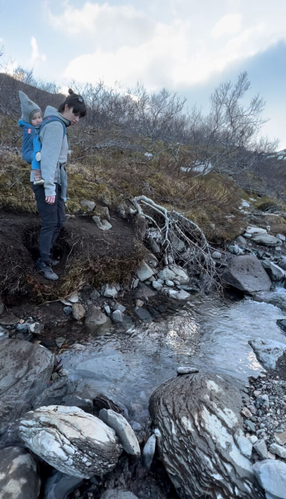 Iceland Wedding Photographer takes photos crossing a small river with daughter in backpack carrier, during a hike in Iceland with her family. 