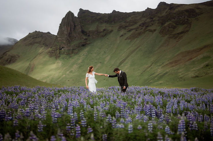 iconic iceland wedding locations: A couple in wedding attire dances in a field of purple flowers, set against green mountains and a cloudy sky.