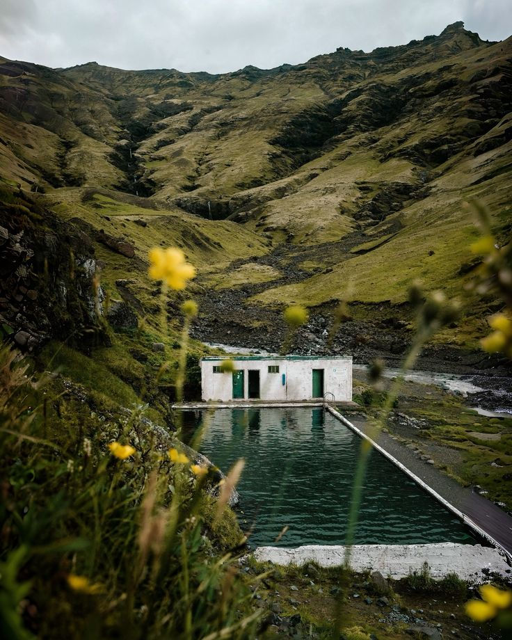 Seljavallalaug outdoor pool nestled in an Icelandic valley, surrounded by mountains and moss.