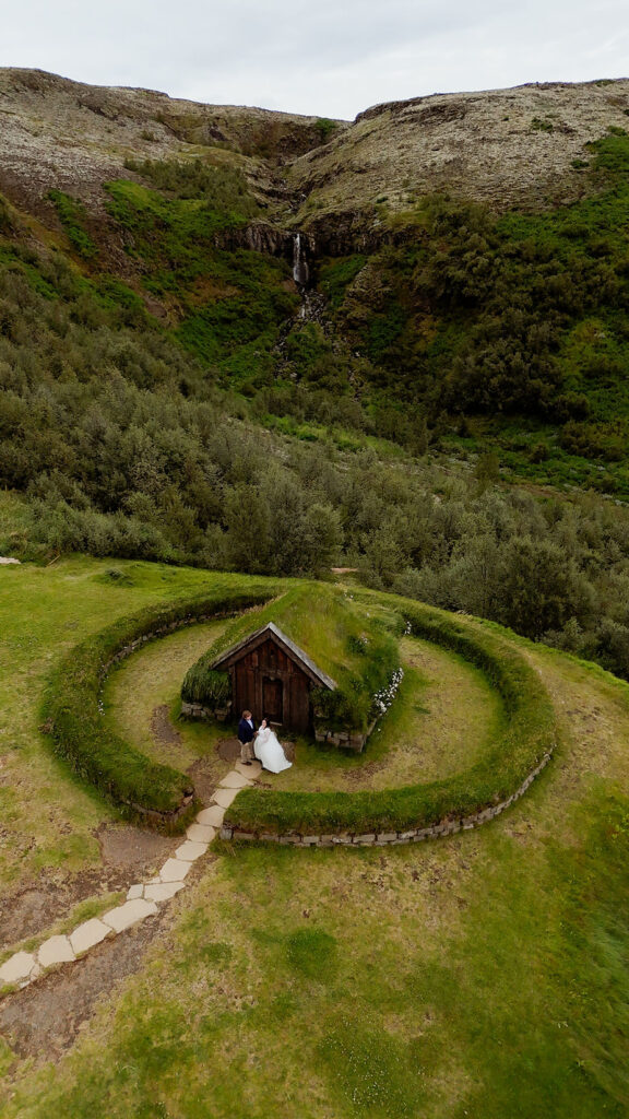 Reconstructed Viking turf house at Þjóðveldisbærinn Stöng, hidden elopement location in Iceland